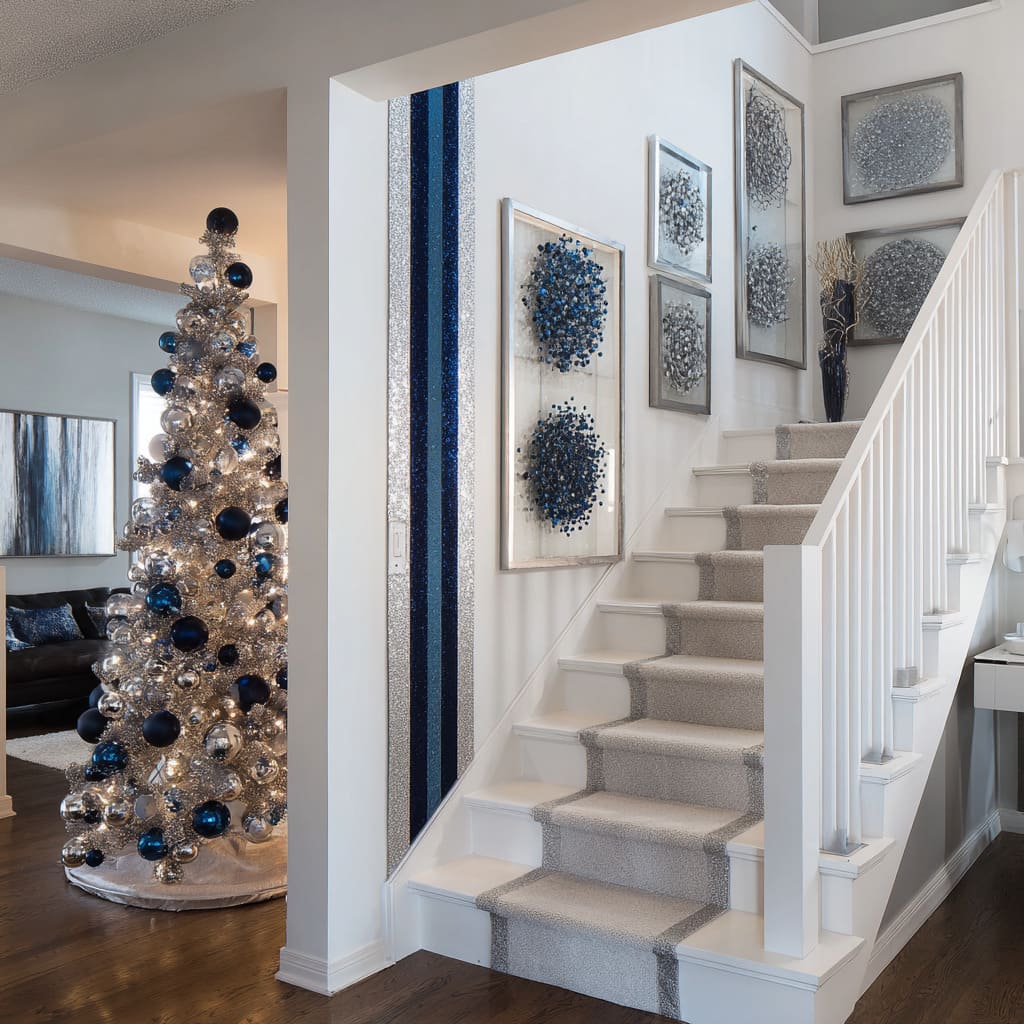 Stair hall Xmas decorating ideas with vertical blue and silver stripe wall, metallic tree, art reliefs, silver-banded stair runner Stair hall Xmas decorating ideas with vertical blue and silver stripe wall, metallic tree, art reliefs, silver-banded stair runner