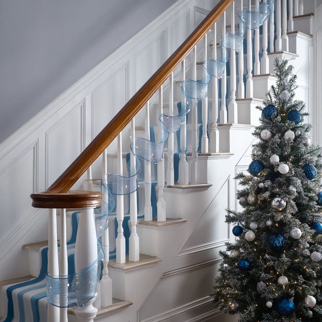 Staircase idea decorated with pale blue mesh ribbon, silver ornaments, blue-striped runner, and flocked Christmas tree Staircase idea decorated with pale blue mesh ribbon, silver ornaments, blue-striped runner, and flocked Christmas tree