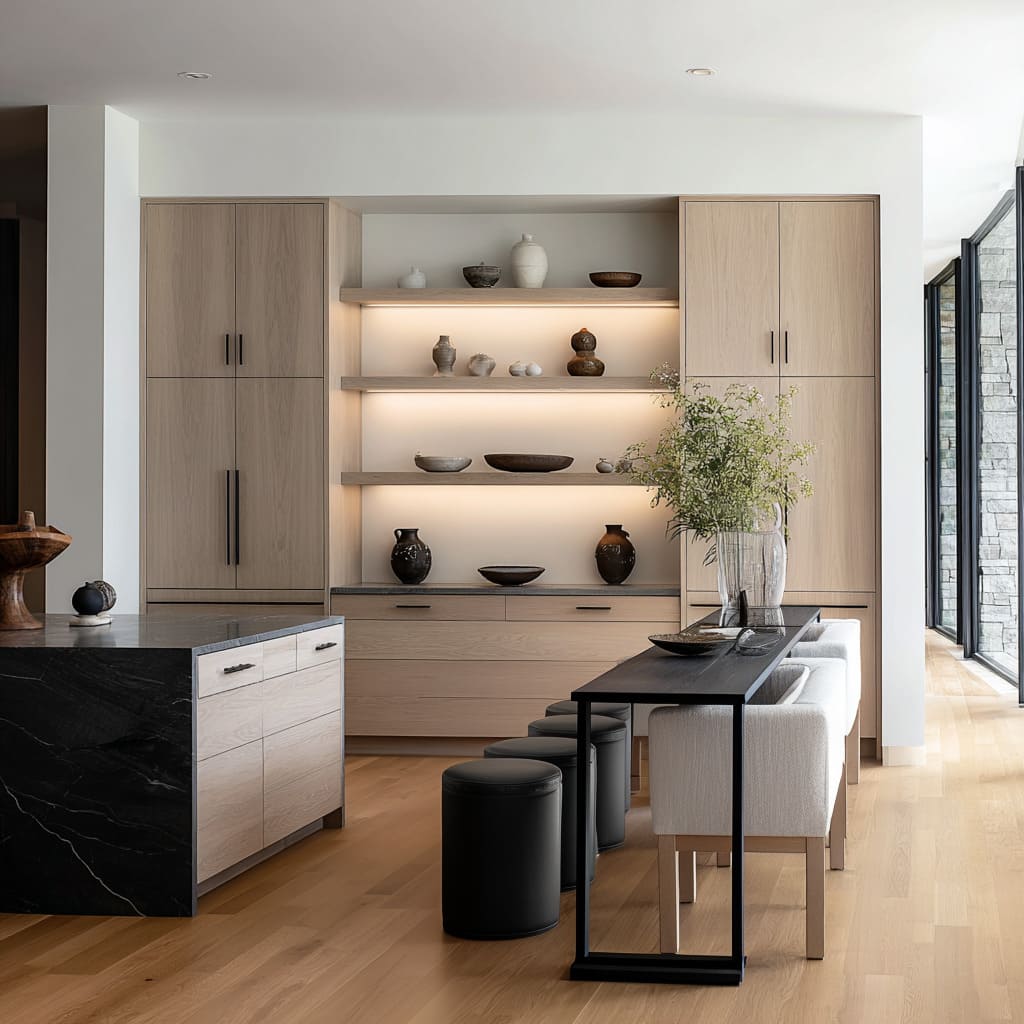 Steel-and-wood console behind an island, with mixed seating types, charcoal frame, stylized vases Steel-and-wood console behind an island, with mixed seating types, charcoal frame, stylized vases