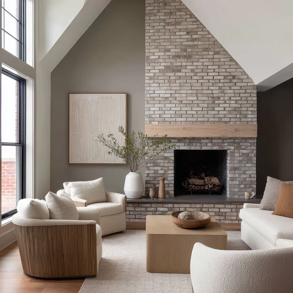 Chimenea en ladrillo blanco piedra con repisa en madera driftwood, grises cálidos y muros oliva suaves. Chimenea en ladrillo blanco piedra con repisa en madera driftwood, grises cálidos y muros oliva suaves.