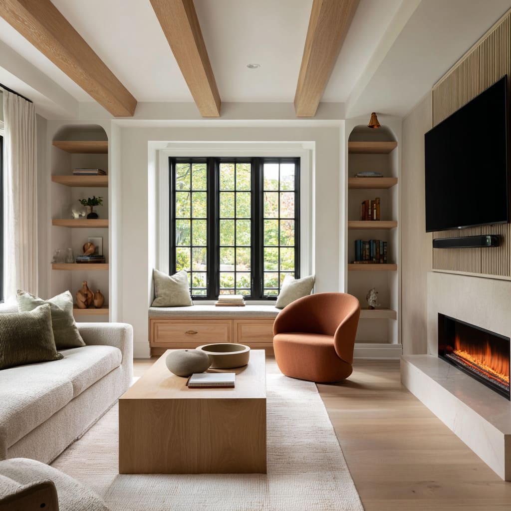 Stone fireplace wall design with arch niches, oak beams, rust swivel chair, window seat, ribbed TV panel Stone fireplace wall design with arch niches, oak beams, rust swivel chair, window seat, ribbed TV panel