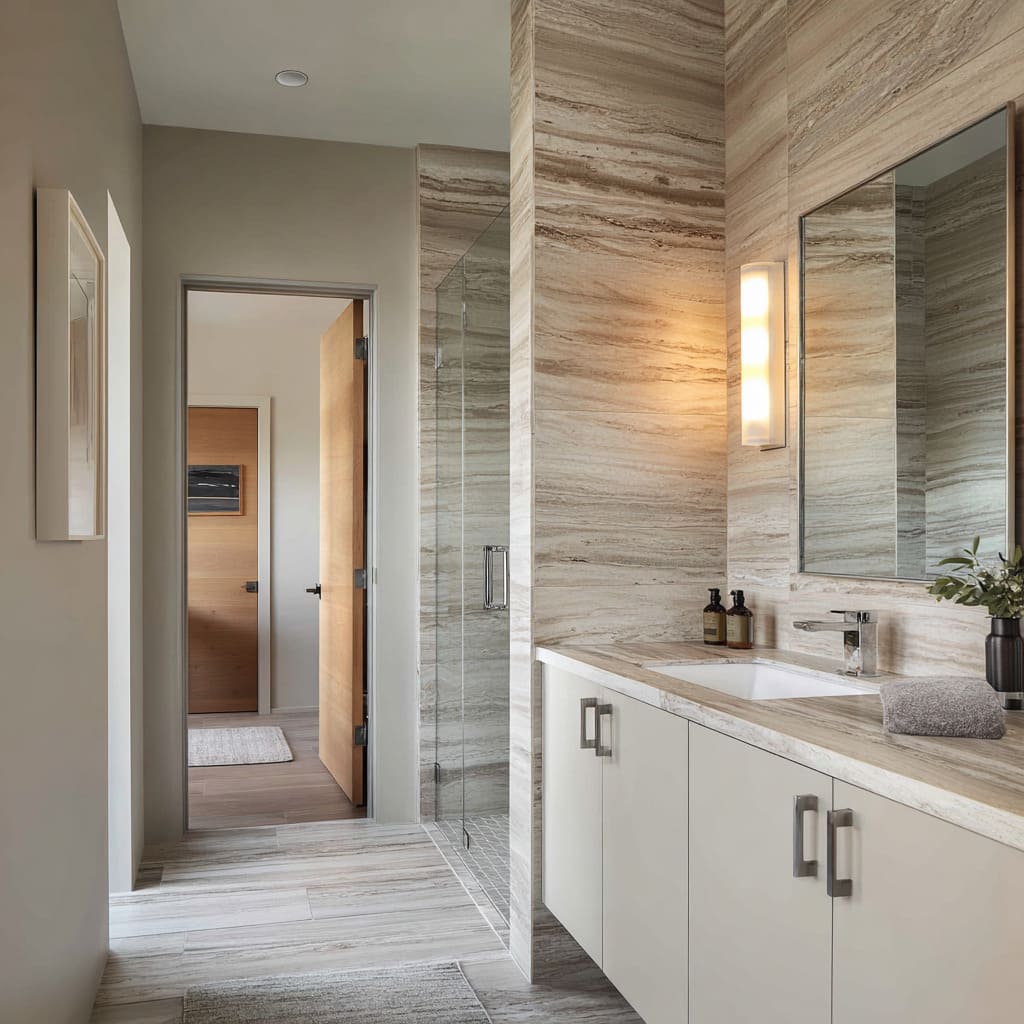 Stone-grain sand bathroom design with horizontal movement and soft contrast doors