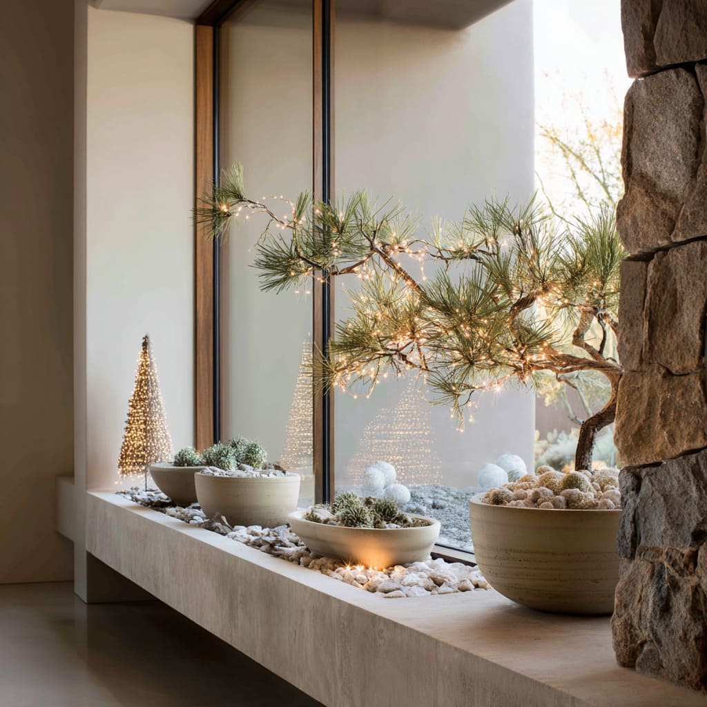 Alféizar de piedra decorado como un jardín desértico con cuencos cerámicos, bonsái de pino, esferas escarchadas y árbol cónico de alambre iluminado con micro luces. Alféizar de piedra decorado como un jardín desértico con cuencos cerámicos, bonsái de pino, esferas escarchadas y árbol cónico de alambre iluminado con micro luces.