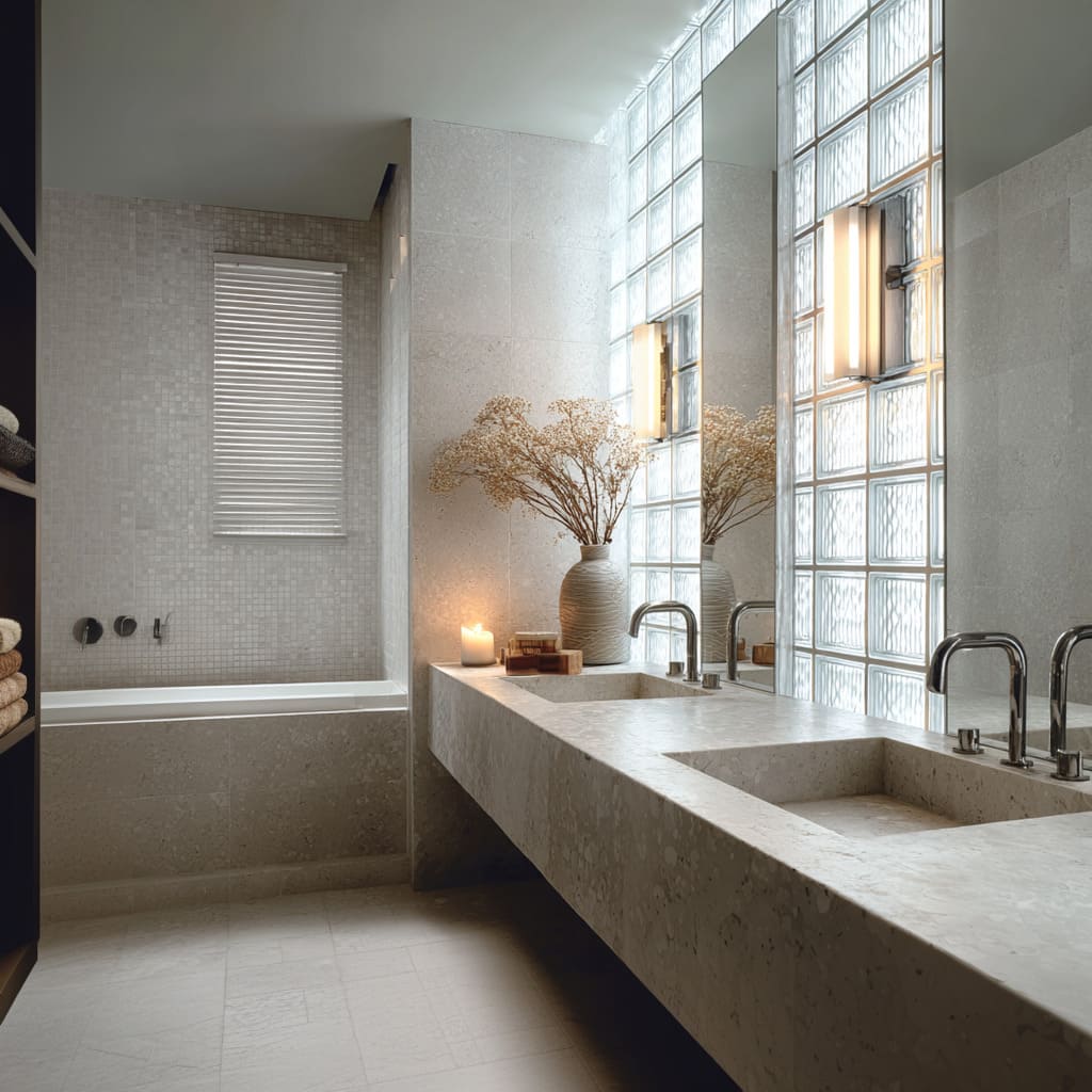 Stone-wrapped bathroom ideas with a floating double-sink vanity, tall mirrors set in front of a vertical strip of glowing glass blocks Stone-wrapped bathroom ideas with a floating double-sink vanity, tall mirrors set in front of a vertical strip of glowing glass blocks