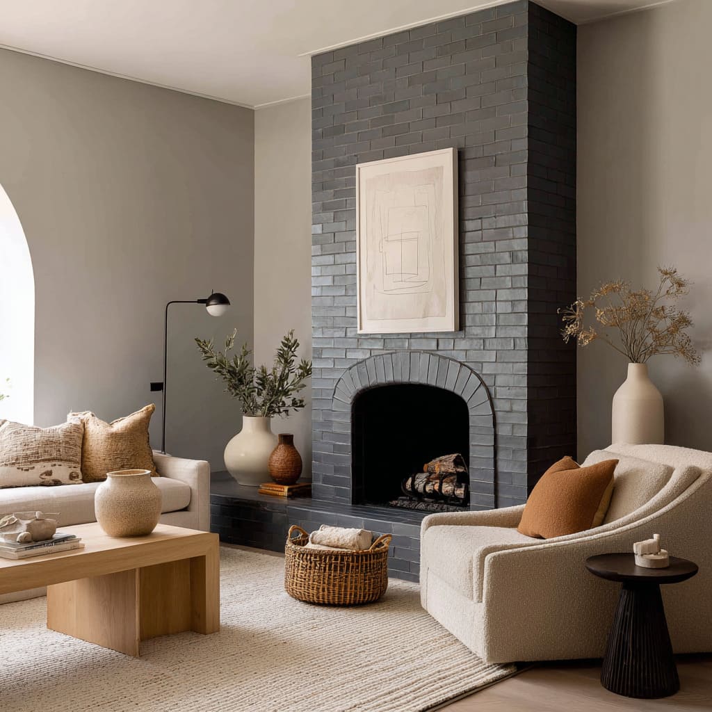 Storm-Slate Brick Fireplace Design With Pale Almond Walls, Warm Neutrals, and Textural Layers