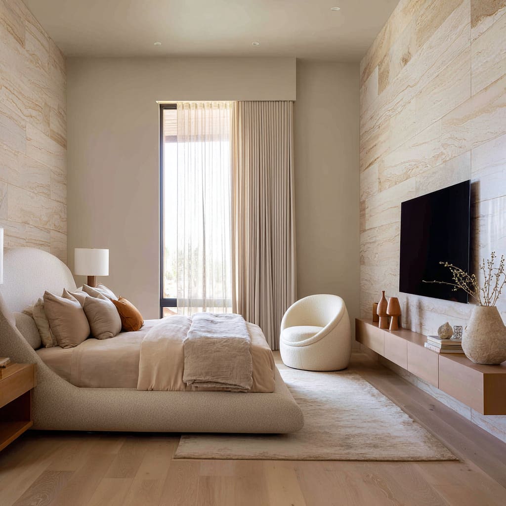 Stratified stone-sand bedroom ideas with horizontal limestone panels, sculpted upholstered bed, pale rug