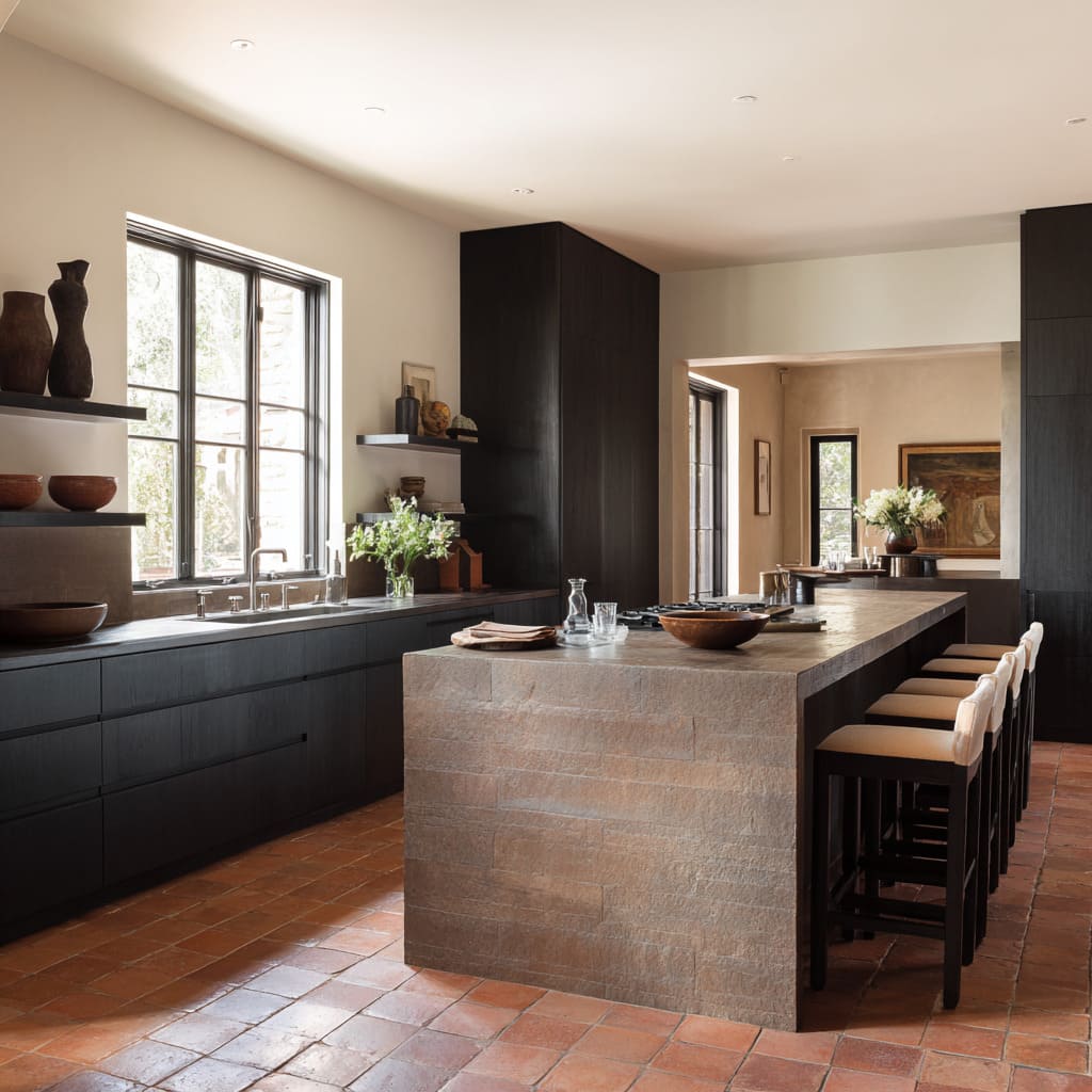 Strong Charcoal-and-terracotta kitchen design with classic square quarry tile floor Strong Charcoal-and-terracotta kitchen design with classic square quarry tile floor