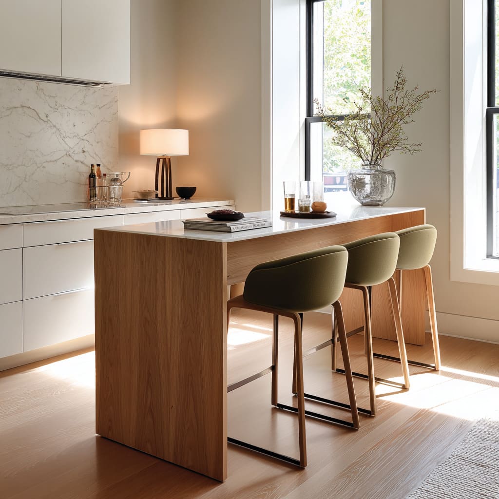 Style idea with oak and quartz console beside tall windows, paired with olive sled-base stools, a clear bowl with branches Style idea with oak and quartz console beside tall windows, paired with olive sled-base stools, a clear bowl with branches