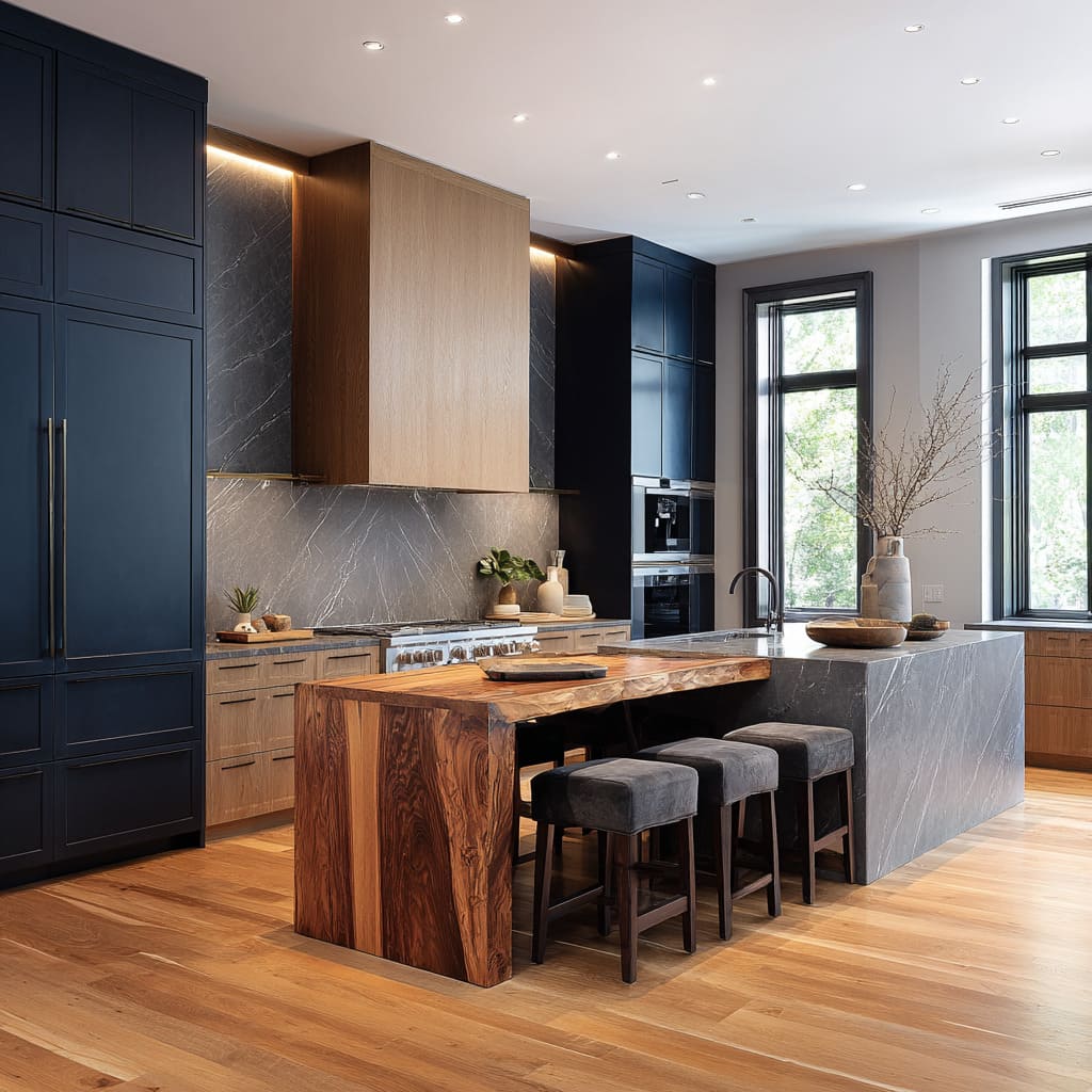 Stylish concept showcasing a storm-gray stone island paired with a live-edge walnut sleeve, charcoal velvet stools, midnight-blue cabinetry Stylish concept showcasing a storm-gray stone island paired with a live-edge walnut sleeve, charcoal velvet stools, midnight-blue cabinetry