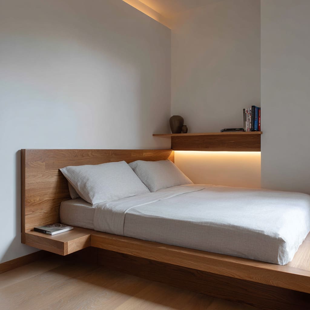 Stylish corner bedroom idea with warm wood headboard offset from wall, floating shelves, deep green chair Stylish corner bedroom idea with warm wood headboard offset from wall, floating shelves, deep green chair