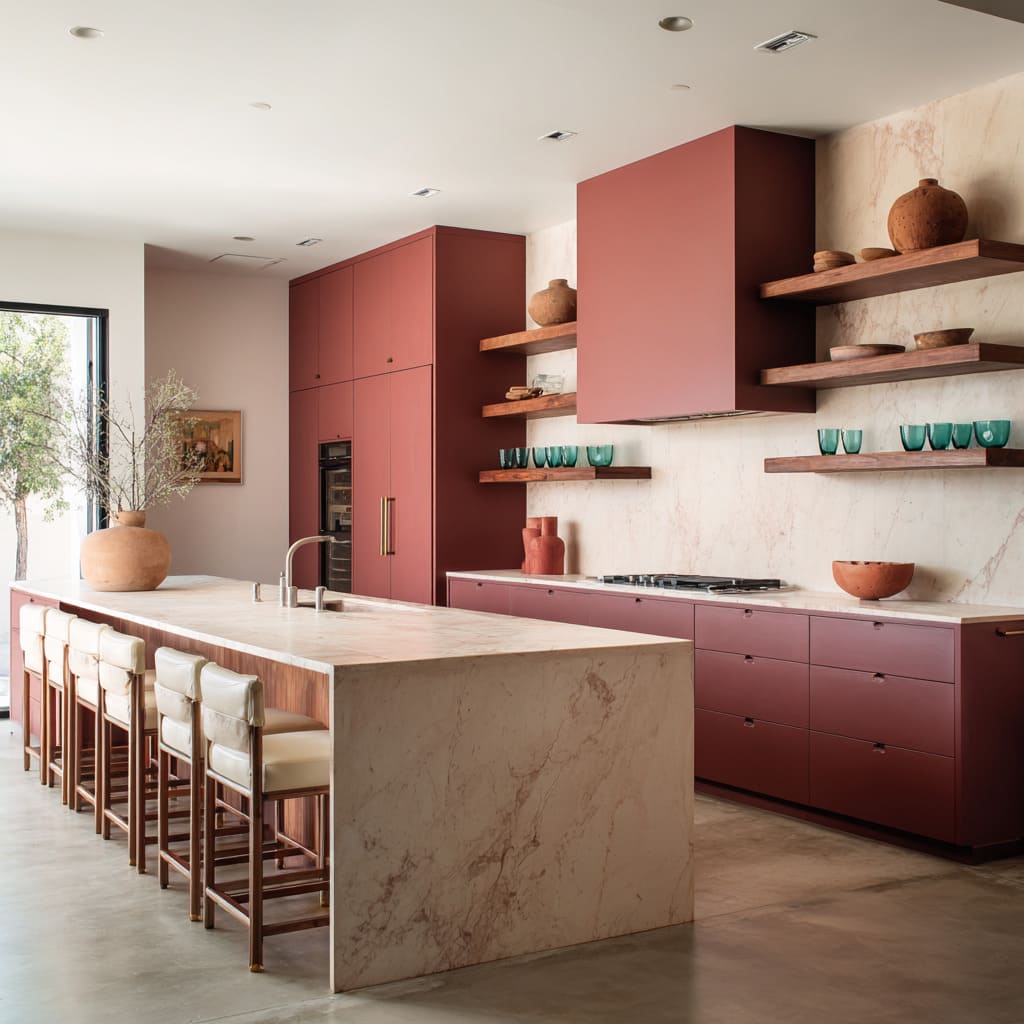 Stylish kitchen concept with blush-terracotta floor cast in concrete tone and deep berry cabinetry Stylish kitchen concept with blush-terracotta floor cast in concrete tone and deep berry cabinetry