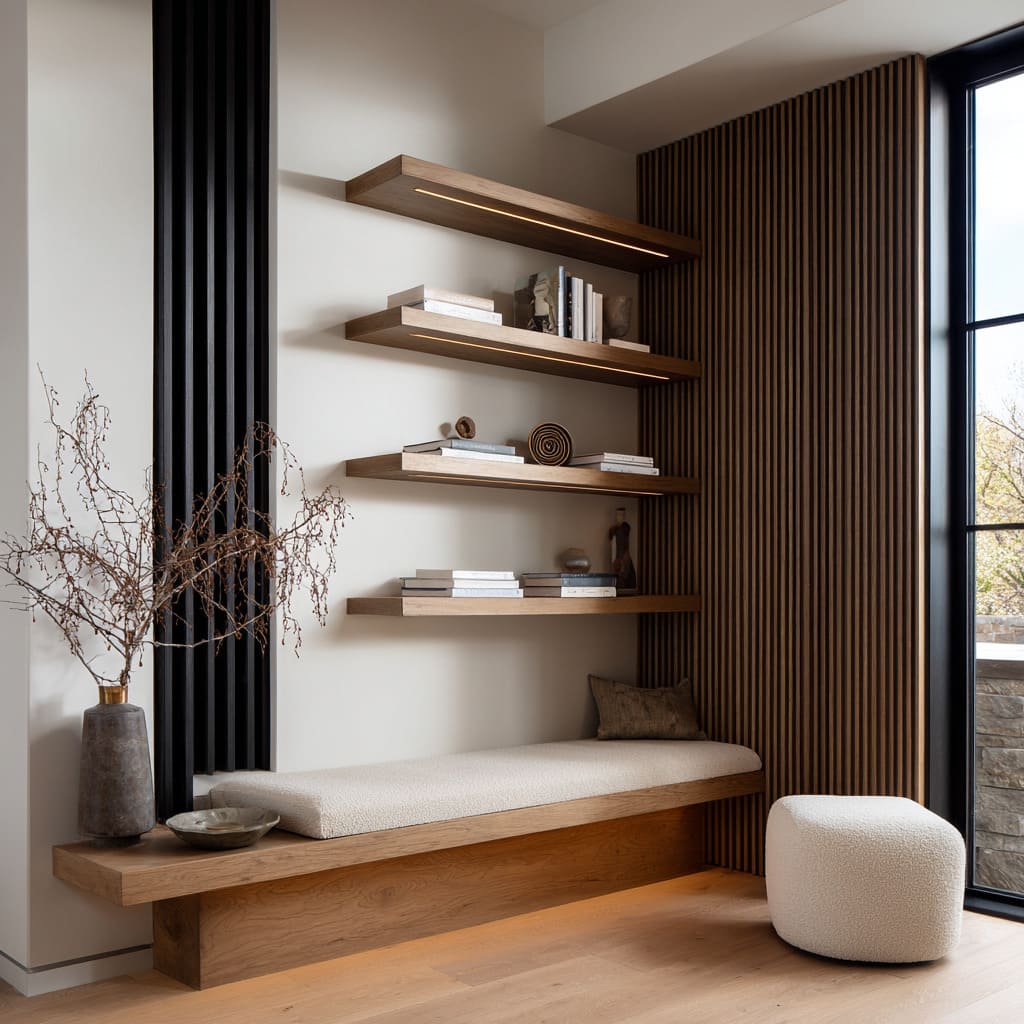 Stylish shelves with warm slats and black fins, floating bench with soft glow, pale books Stylish shelves with warm slats and black fins, floating bench with soft glow, pale books