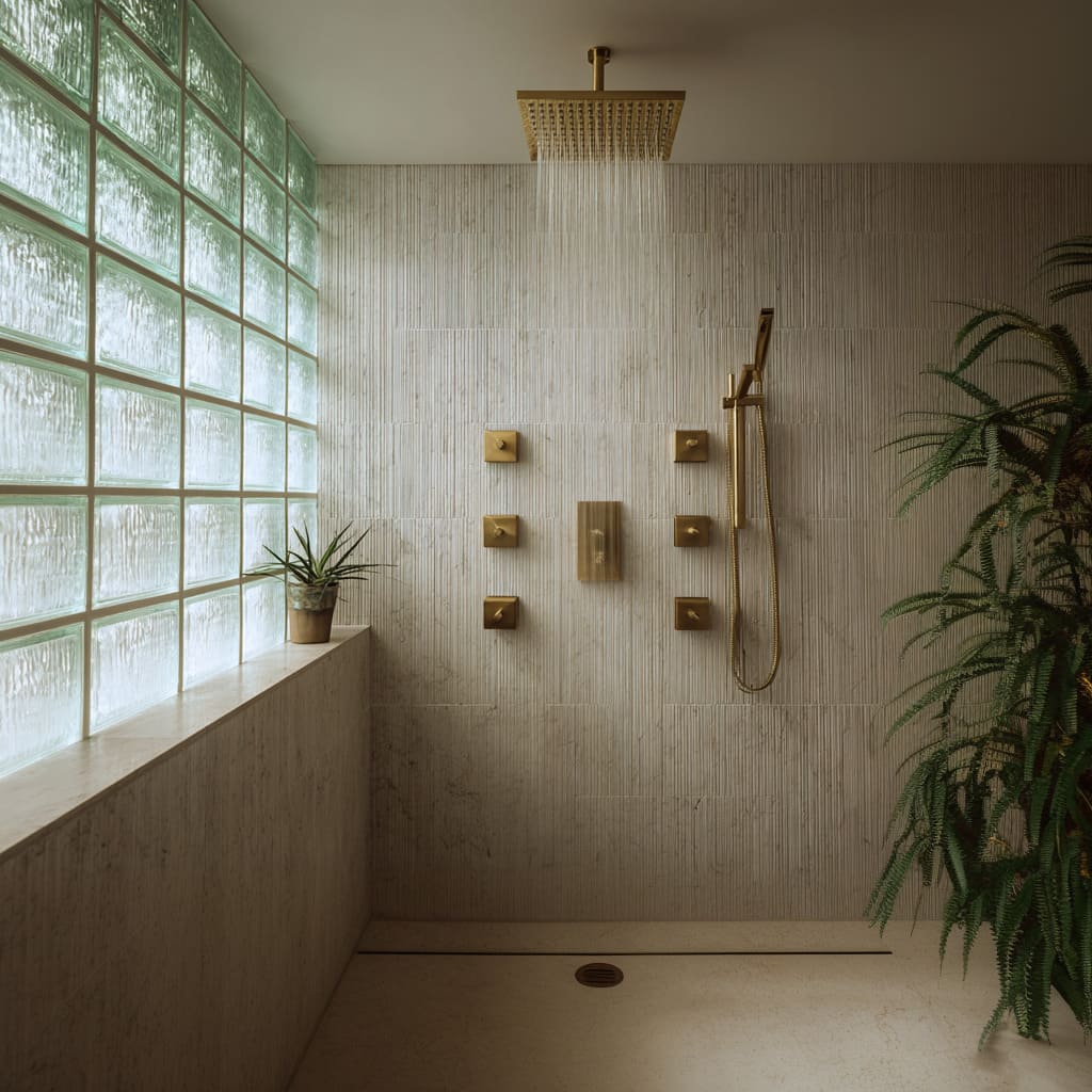 Stylish spa-like shower design with rippled green glass block wall, vertical limestone-toned tiles, satin brass ceiling shower head and body jets Stylish spa-like shower design with rippled green glass block wall, vertical limestone-toned tiles, satin brass ceiling shower head and body jets