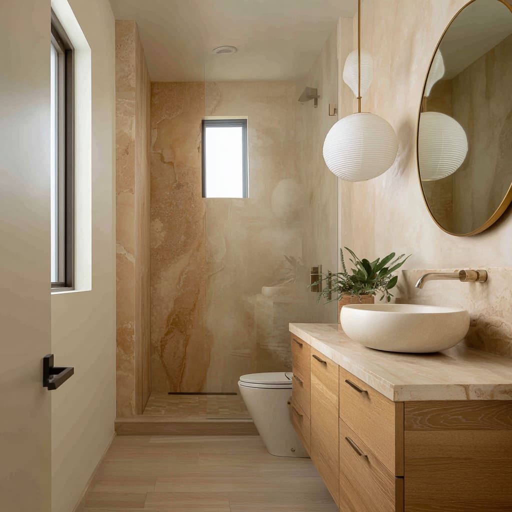 Sun-soft sand bathroom ideas with rounded forms and gentle golden veining Sun-soft sand bathroom ideas with rounded forms and gentle golden veining