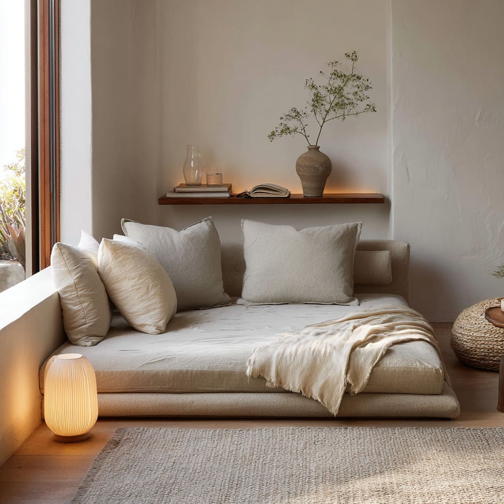 Sunlit corner bed design flush to window sill, low upholstered back, slim shelf with tall vase at corner Sunlit corner bed design flush to window sill, low upholstered back, slim shelf with tall vase at corner