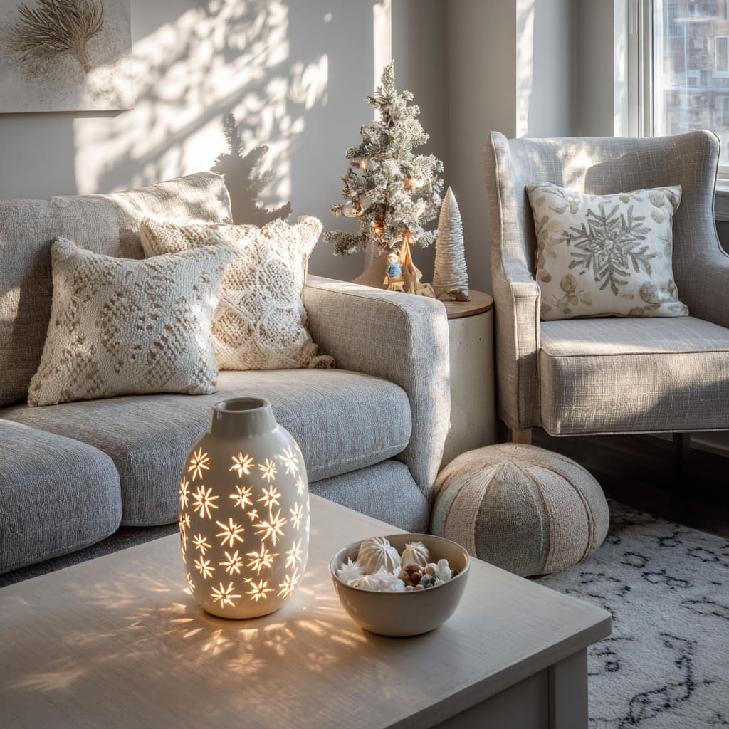 Sunlit cozy corner styling ideas with knitted pillows, frosted mini tree on a pedestal table, small reindeer figurine, ceramic lantern glowing