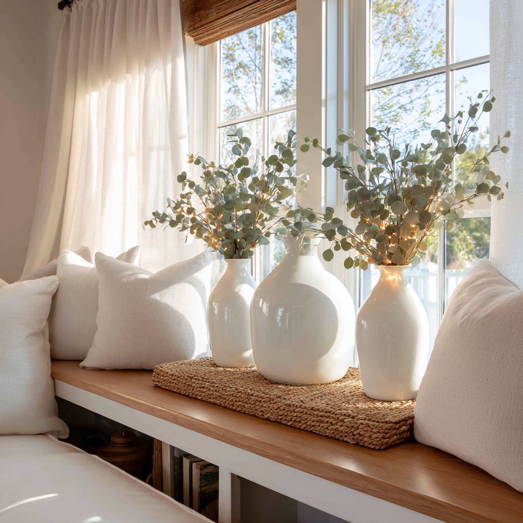 Banco de ventana bañado por el sol con bandeja tejida llena de jarrones blancos, ramas de eucalipto con microluces y cojines texturizados que crean un ambiente navideño costero suave. Banco de ventana bañado por el sol con bandeja tejida llena de jarrones blancos, ramas de eucalipto con microluces y cojines texturizados que crean un ambiente navideño costero suave.