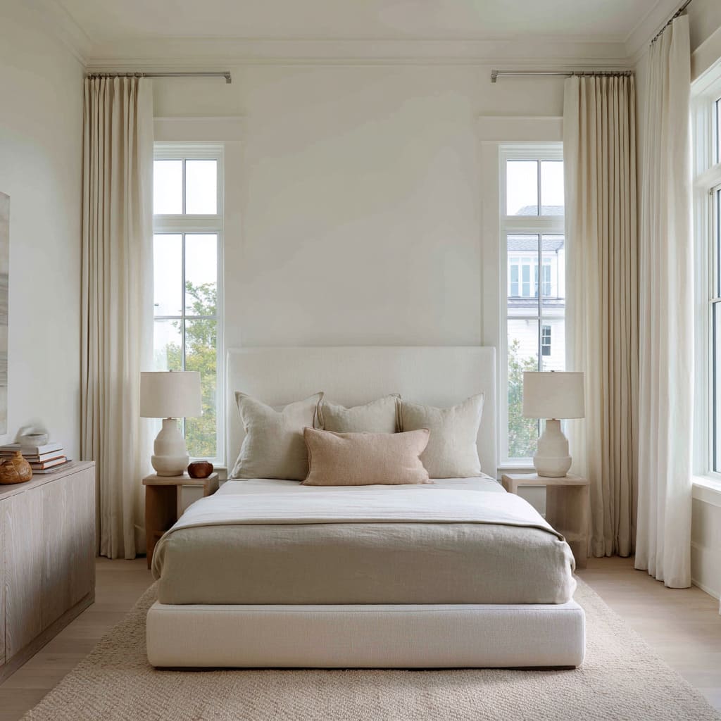 Symmetrical sand bedroom design with low oatmeal bed, sage-tinted blanket, blush lumbar pillow, light wood side tables Symmetrical sand bedroom design with low oatmeal bed, sage-tinted blanket, blush lumbar pillow, light wood side tables