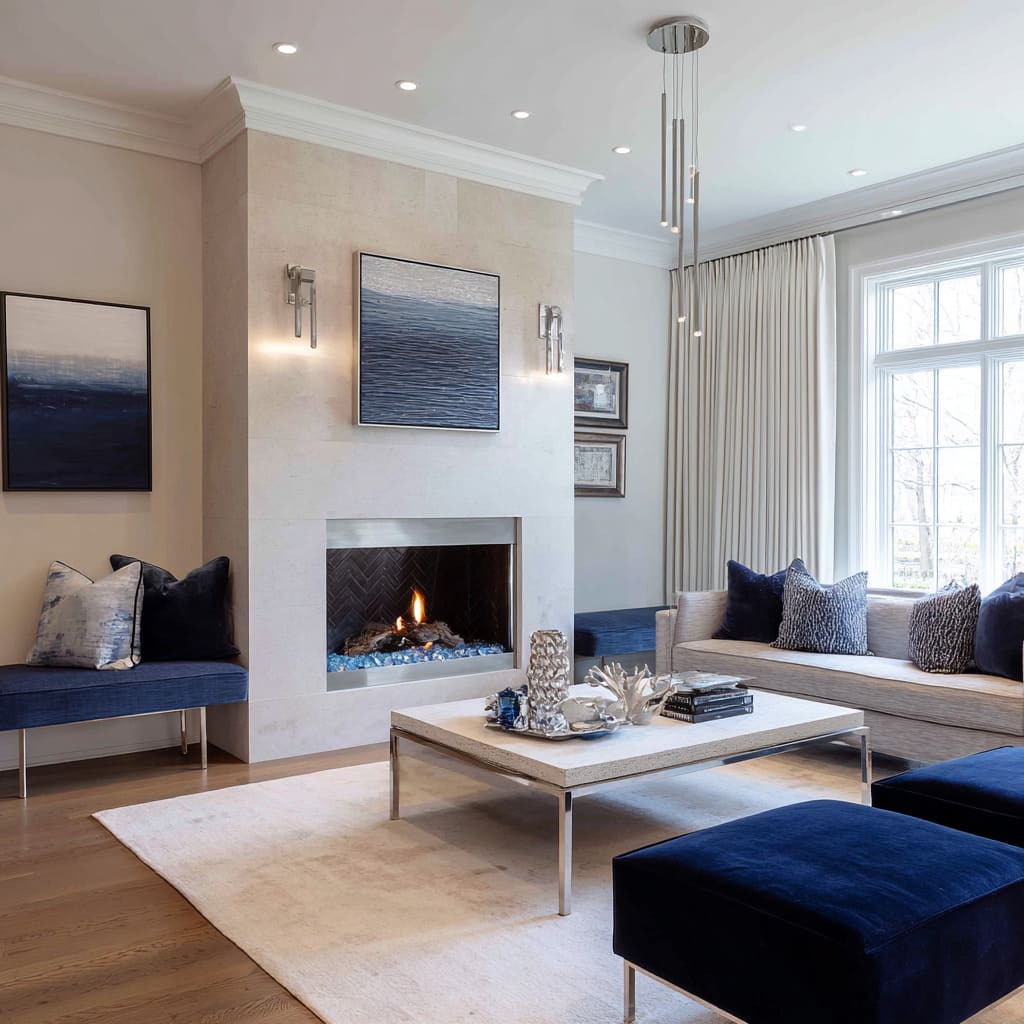 Tailored coastal silver and blue living room design with navy ottomans Tailored coastal silver and blue living room design with navy ottomans