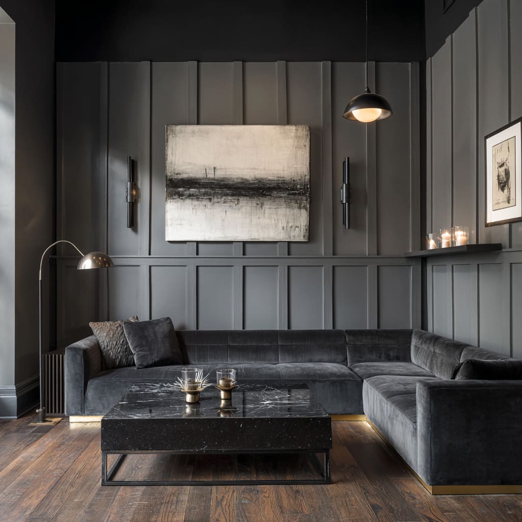 Tall grey board-and-batten wall with chair rail and dark ceiling, abstract artwork, dark velvet sectional Tall grey board-and-batten wall with chair rail and dark ceiling, abstract artwork, dark velvet sectional