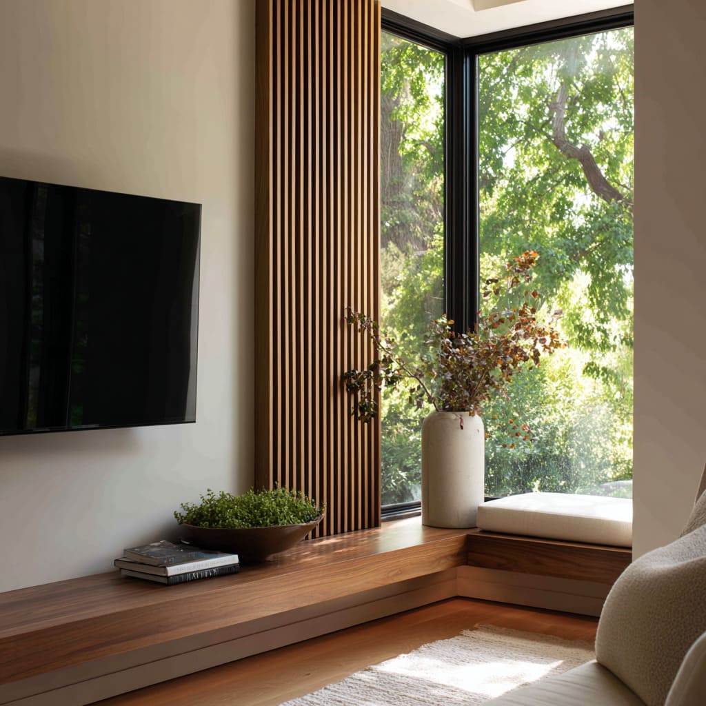 Tall oak fins beside large window, long walnut bench into glass, clay vase with branches, low bowl and books Tall oak fins beside large window, long walnut bench into glass, clay vase with branches, low bowl and books