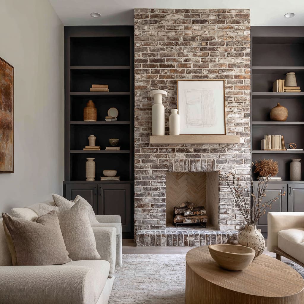 Chimenea en piedra topo-arena con estanterías en cacao empolvado, muebles beige en capas y arte de trazo seco cálido. Chimenea en piedra topo-arena con estanterías en cacao empolvado, muebles beige en capas y arte de trazo seco cálido.