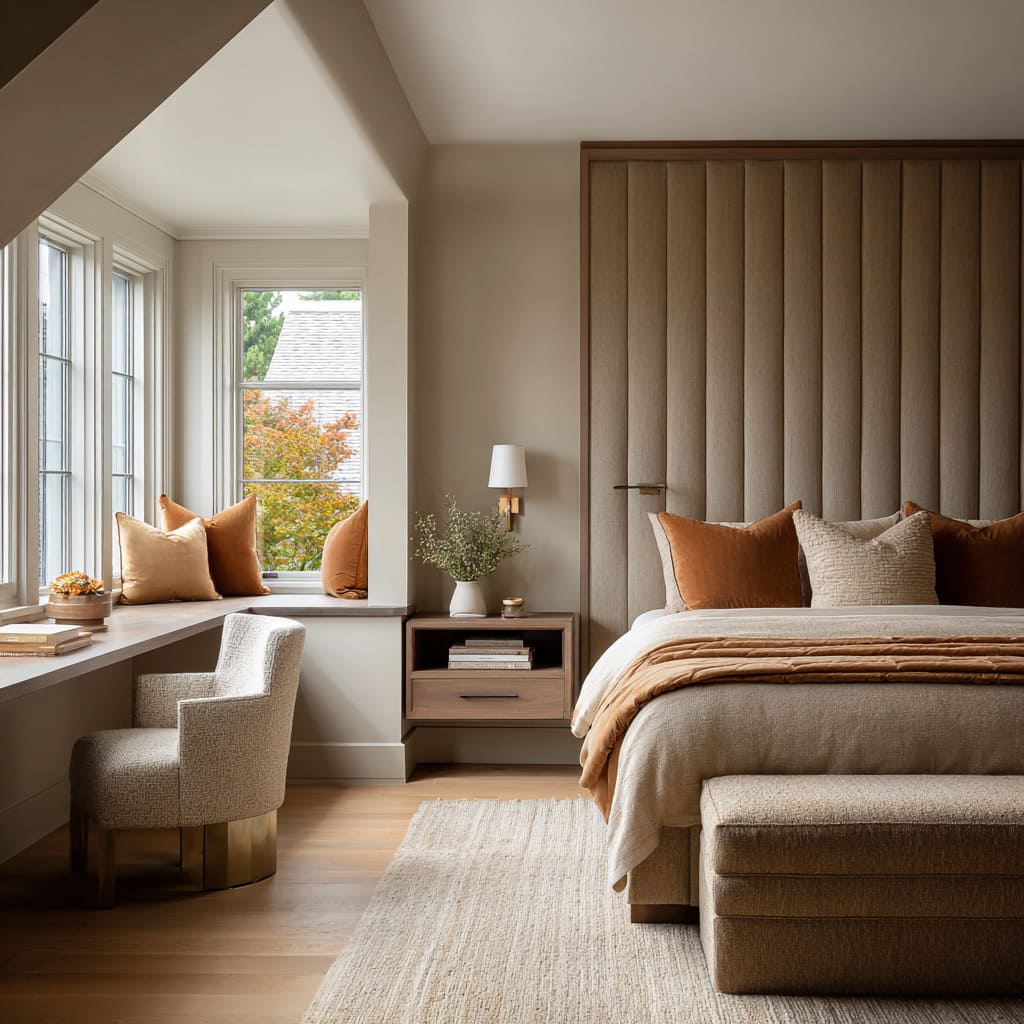 Taupe-sand bedroom concept with tall padded panels, camel throw, rust cushions, wood desk and window seat Taupe-sand bedroom concept with tall padded panels, camel throw, rust cushions, wood desk and window seat