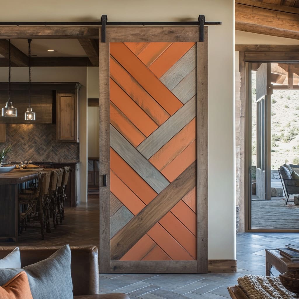 Terracotta and Reclaimed Wood Chevron Barn Door Design