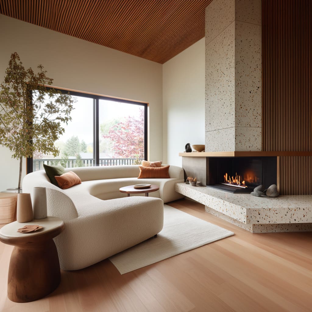 Chimenea en esquina en terrazo con base achaflanada, sofá curvo en bouclé, listones de roble en el techo y mesas pequeñas de madera Chimenea en esquina en terrazo con base achaflanada, sofá curvo en bouclé, listones de roble en el techo y mesas pequeñas de madera