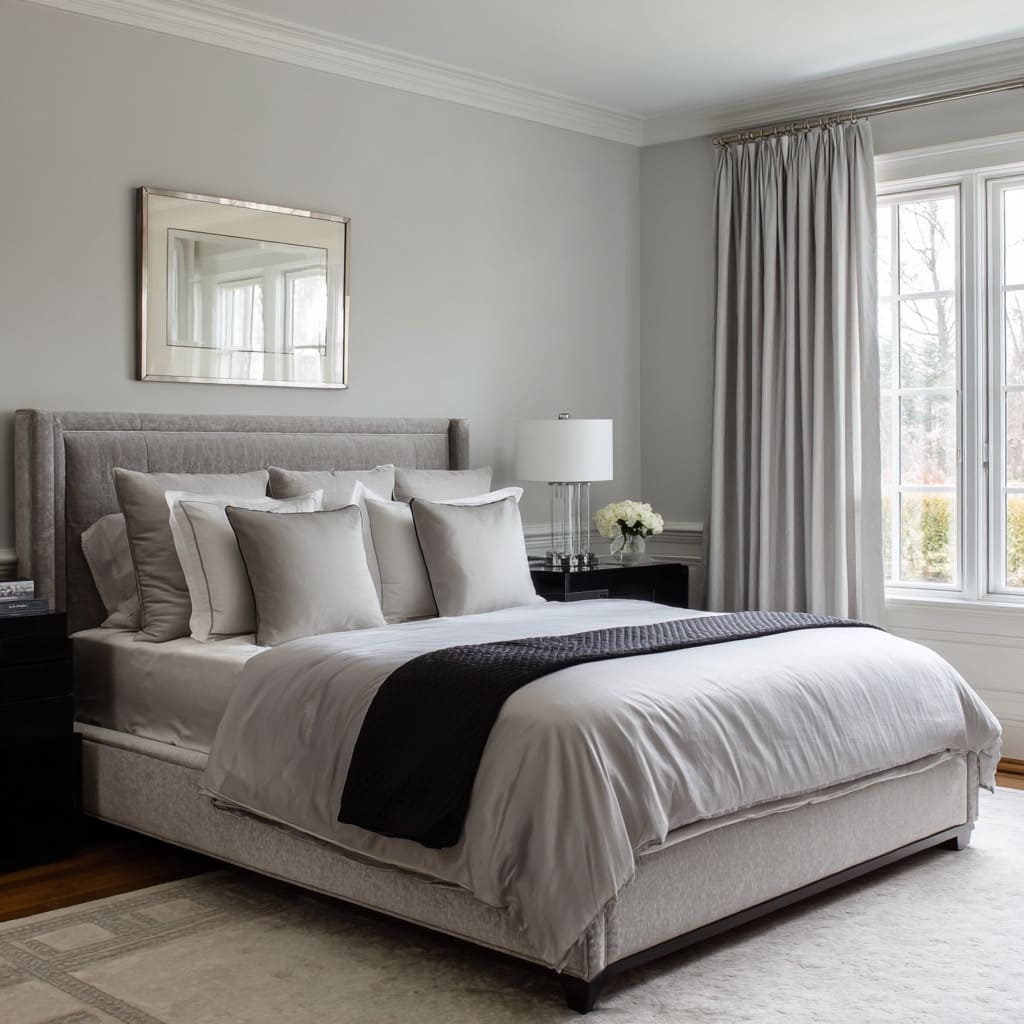 The headboard design has winged returns that frame the pillows without bulk, its silver tweed catching daylight along the edges The headboard design has winged returns that frame the pillows without bulk, its silver tweed catching daylight along the edges