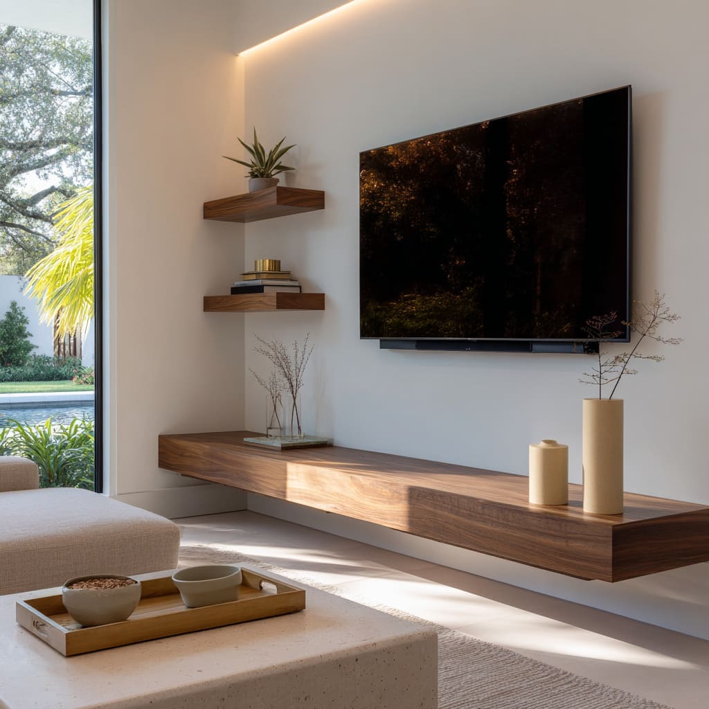 Thin floating walnut shelf decor ideas stopping before corner, tiny corner shelves with plant and books, slim decor, ceiling wash light Thin floating walnut shelf decor ideas stopping before corner, tiny corner shelves with plant and books, slim decor, ceiling wash light