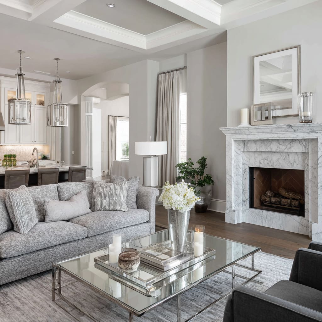 Transitional silver-grey living room design with carved marble fireplace, mirror-topped coffee table Transitional silver-grey living room design with carved marble fireplace, mirror-topped coffee table