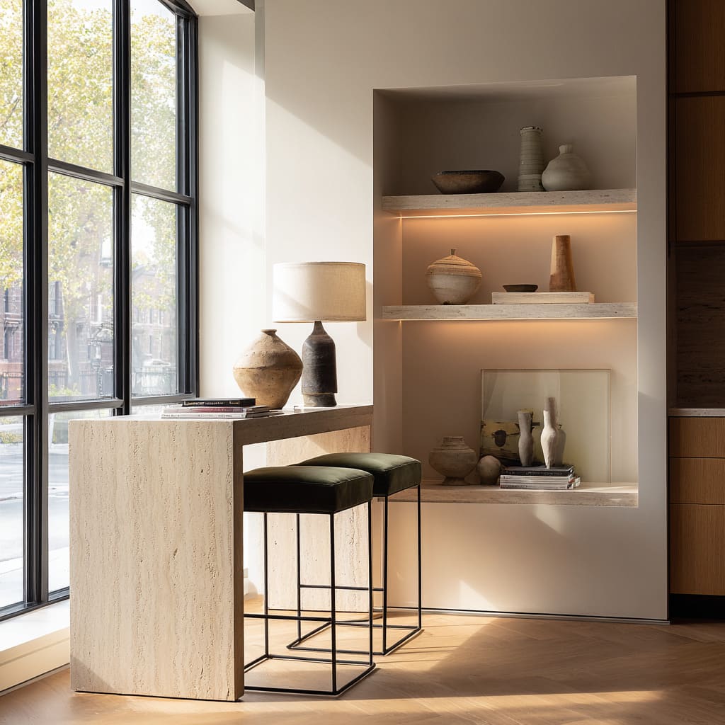 Travertine console idea beside a full-height window, paired with olive cushions, warm shelf lighting, stacked books Travertine console idea beside a full-height window, paired with olive cushions, warm shelf lighting, stacked books
