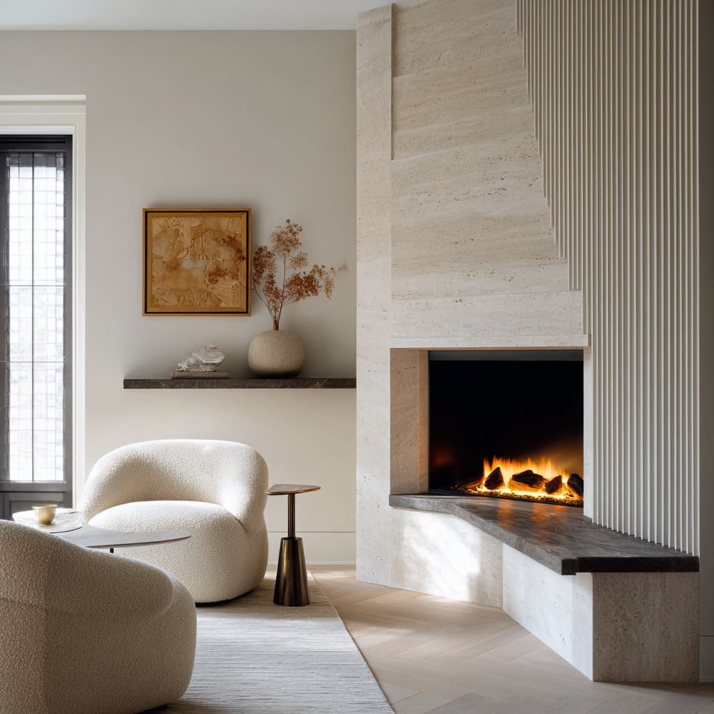 Diseño de chimenea en esquina en travertino con frente escalonado, panel acanalado y asientos en bouclé con mesa auxiliar en bronce Diseño de chimenea en esquina en travertino con frente escalonado, panel acanalado y asientos en bouclé con mesa auxiliar en bronce