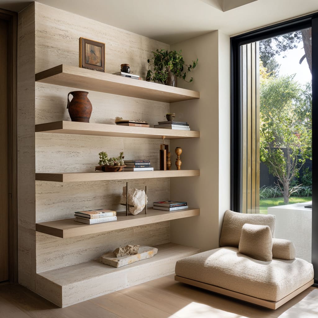 Travertine corner niche design with thick pale-oak shelves, terracotta and mineral decor, stone plinth Travertine corner niche design with thick pale-oak shelves, terracotta and mineral decor, stone plinth