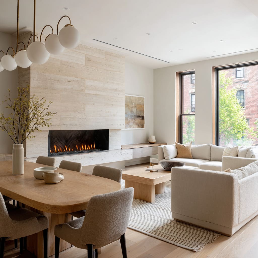 Travertine fireplace in city living room concept with creamy sectional, rounded dining table, striped rug, and bronze-black frames Travertine fireplace in city living room concept with creamy sectional, rounded dining table, striped rug, and bronze-black frames