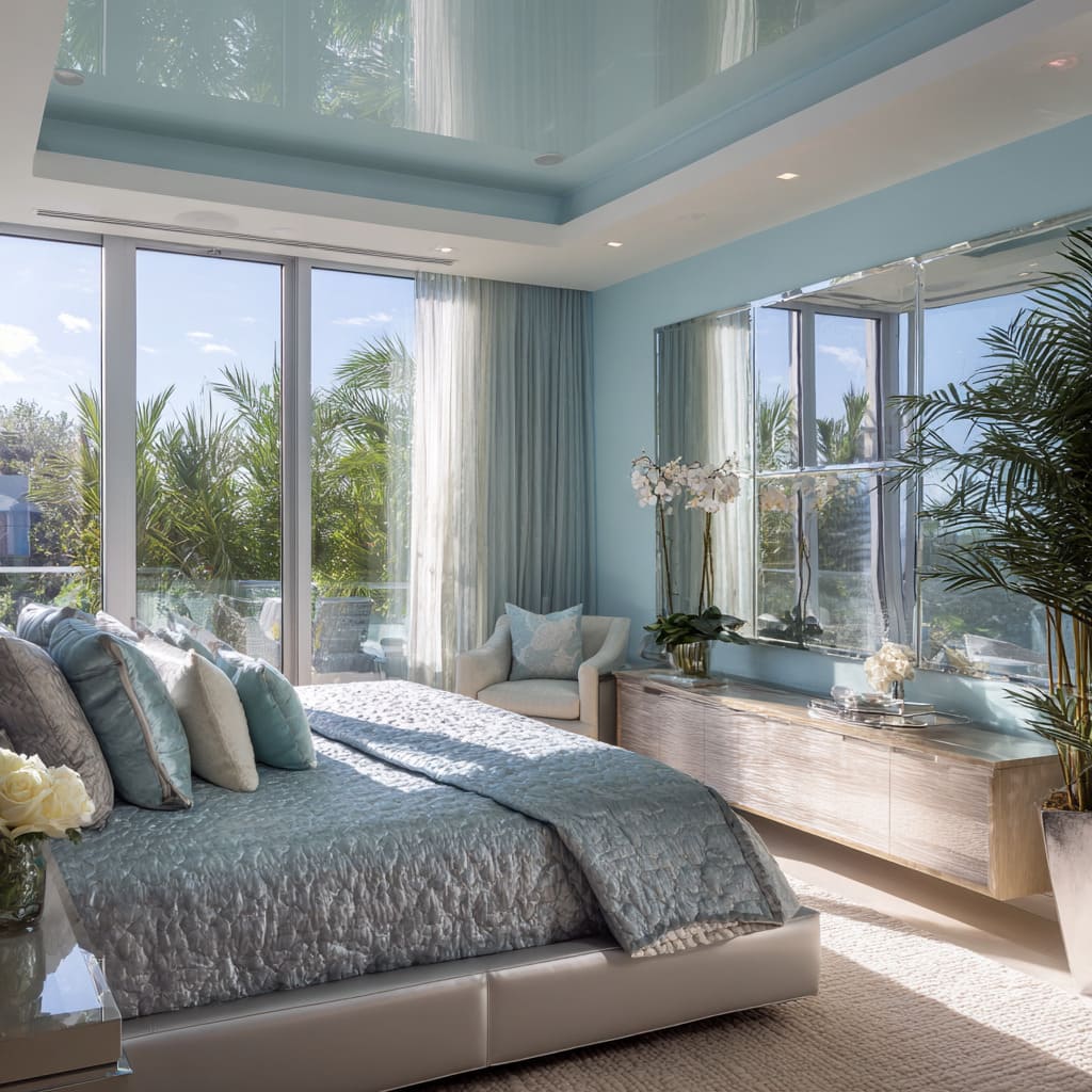 Tropical blue and silver bedroom design with high-gloss ceiling, mirrored wall art, and airy resort feel Tropical blue and silver bedroom design with high-gloss ceiling, mirrored wall art, and airy resort feel
