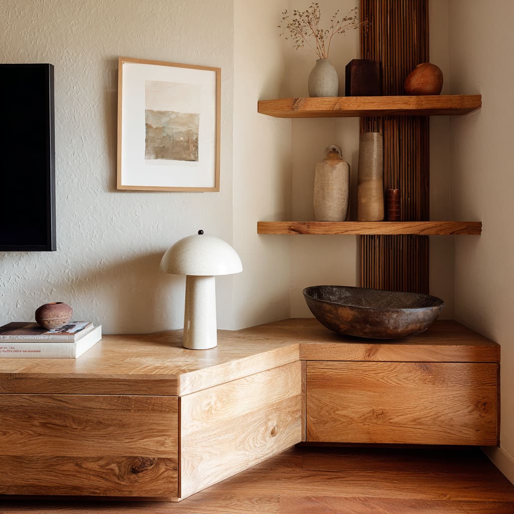 Two-level cabinet wrapping corner, ribbed wood back panel, chunky shelves, rounded lamp, and low styling Two-level cabinet wrapping corner, ribbed wood back panel, chunky shelves, rounded lamp, and low styling