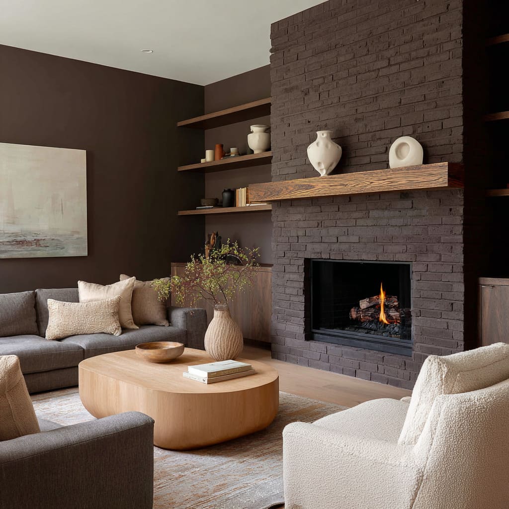 Chimenea en tono umber-arcilla con roble cálido, grises suaves y estanterías en capas. Chimenea en tono umber-arcilla con roble cálido, grises suaves y estanterías en capas.