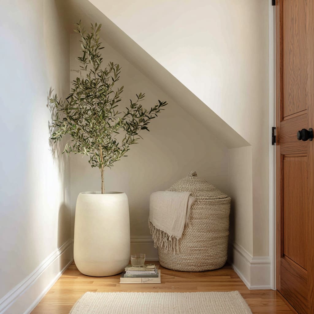 Idea bajo pendiente con olivo, cesta tejida, manta y estilo cálido sencillo cerca de la entrada del dormitorio Idea bajo pendiente con olivo, cesta tejida, manta y estilo cálido sencillo cerca de la entrada del dormitorio