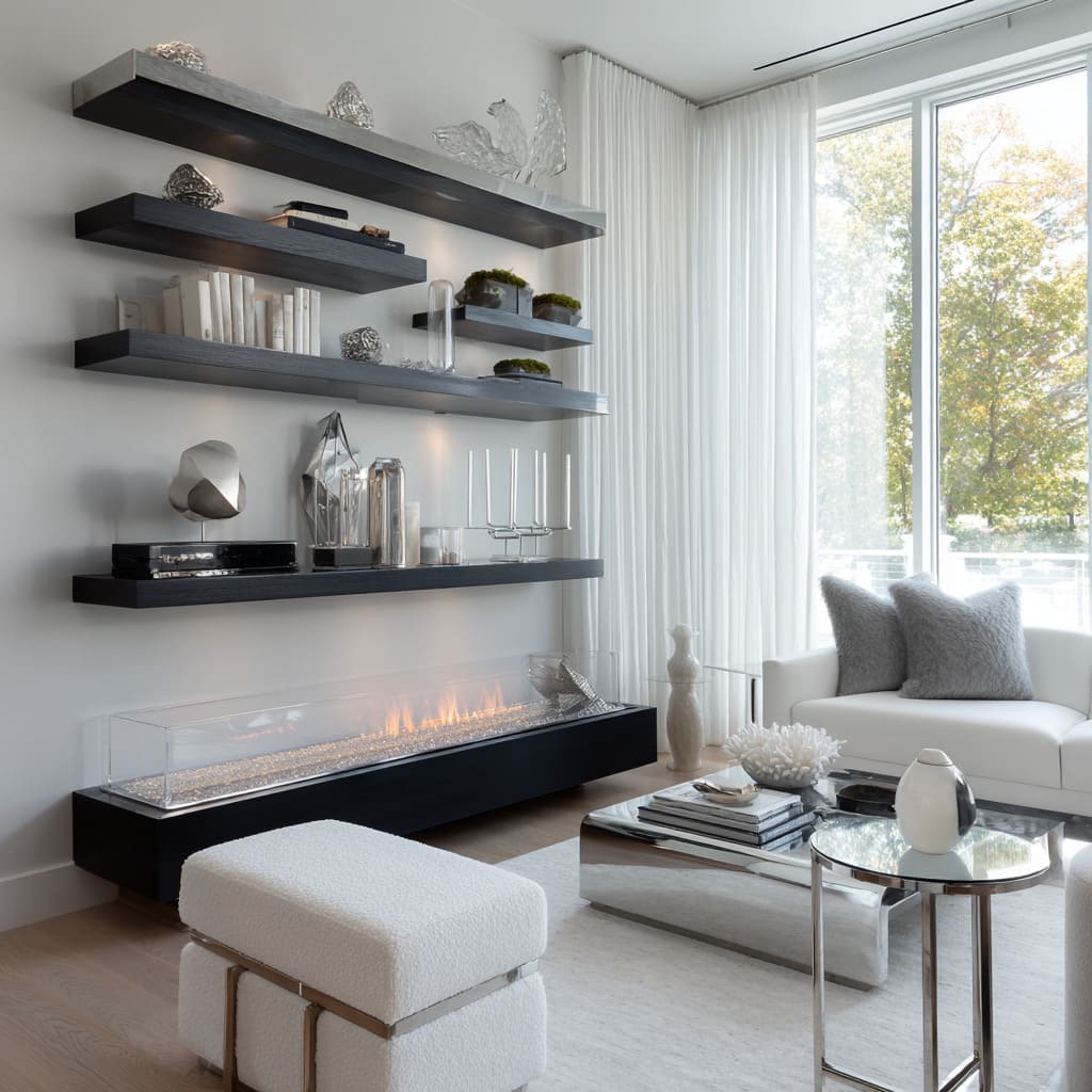 Estilismo muy moderno con repisas flotantes en carbón, hogar lineal negro y asientos bouclé blancos Estilismo muy moderno con repisas flotantes en carbón, hogar lineal negro y asientos bouclé blancos