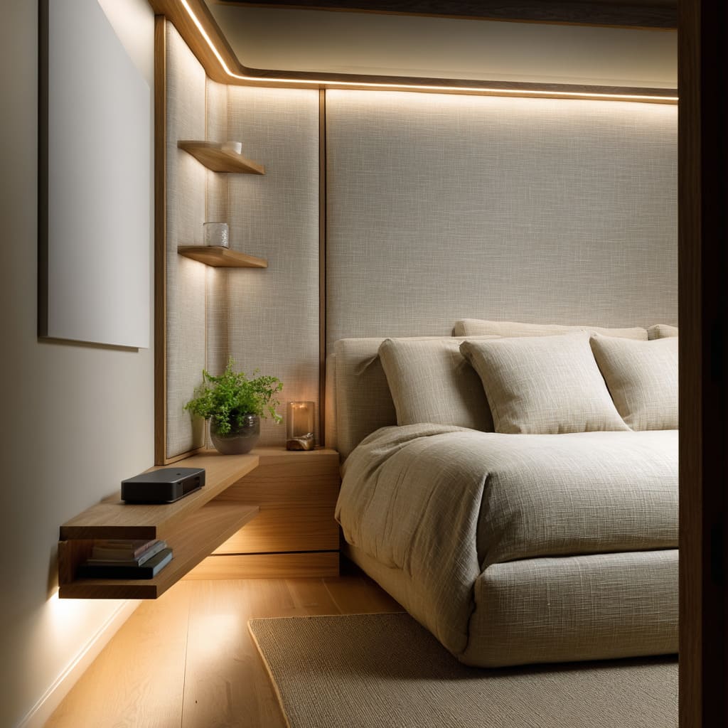 Upholstered corner bed design with padded panels, slim oak trim with soft lighting, tiny floating shelves, two-level ledge, and bedding for a cozy feel Upholstered corner bed design with padded panels, slim oak trim with soft lighting, tiny floating shelves, two-level ledge, and bedding for a cozy feel