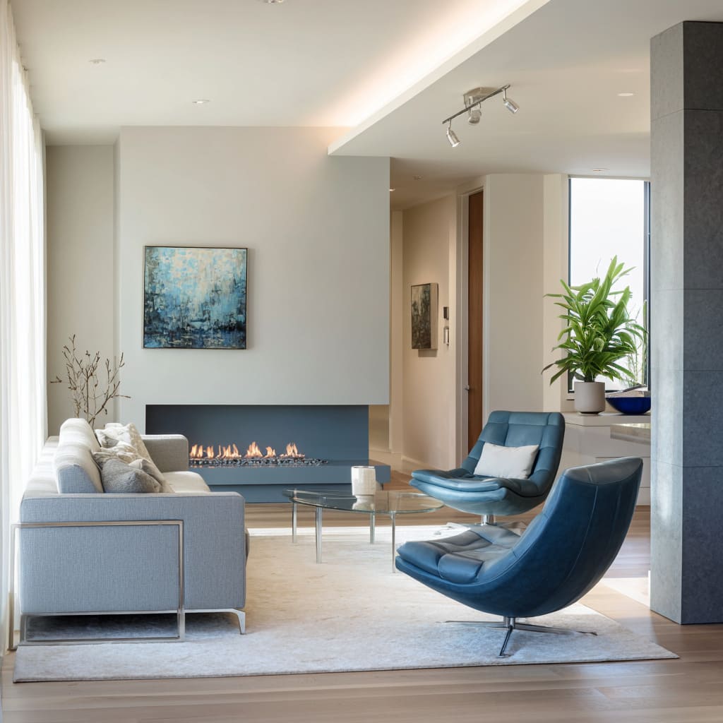 Urban serene blue and silver living room inspiration with steel-blue inset fireplace, ivory rug, lake-blue chairs Urban serene blue and silver living room inspiration with steel-blue inset fireplace, ivory rug, lake-blue chairs