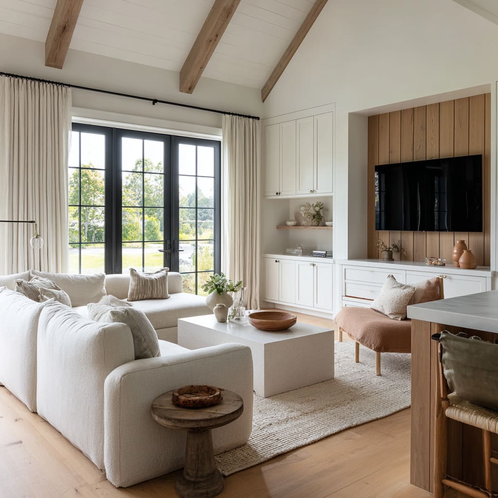 Vaulted room concept, oak niche, nubby rug, cinnamon lounge, rustic pedestal side table, and linen drapery Vaulted room concept, oak niche, nubby rug, cinnamon lounge, rustic pedestal side table, and linen drapery