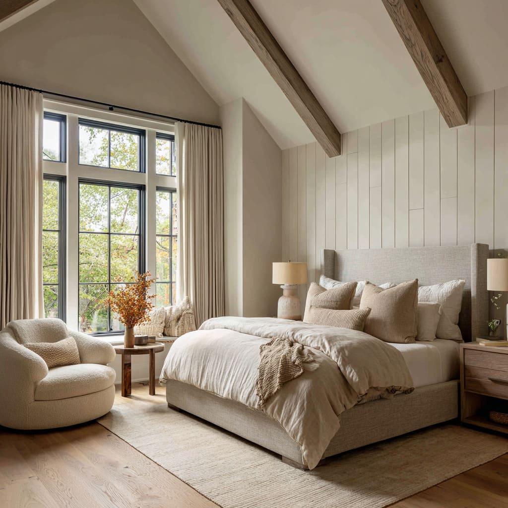 Vaulted sand bedroom design with vertical board wall, heathered sand bed, knitted camel throw, boucle chair Vaulted sand bedroom design with vertical board wall, heathered sand bed, knitted camel throw, boucle chair