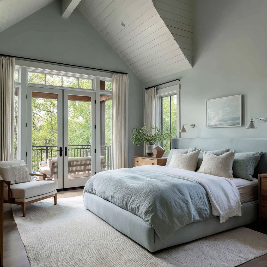 Vaulted silver and blue bedroom ideas with pale bed, oak nightstands, and airy daylight from tall French doors Vaulted silver and blue bedroom ideas with pale bed, oak nightstands, and airy daylight from tall French doors
