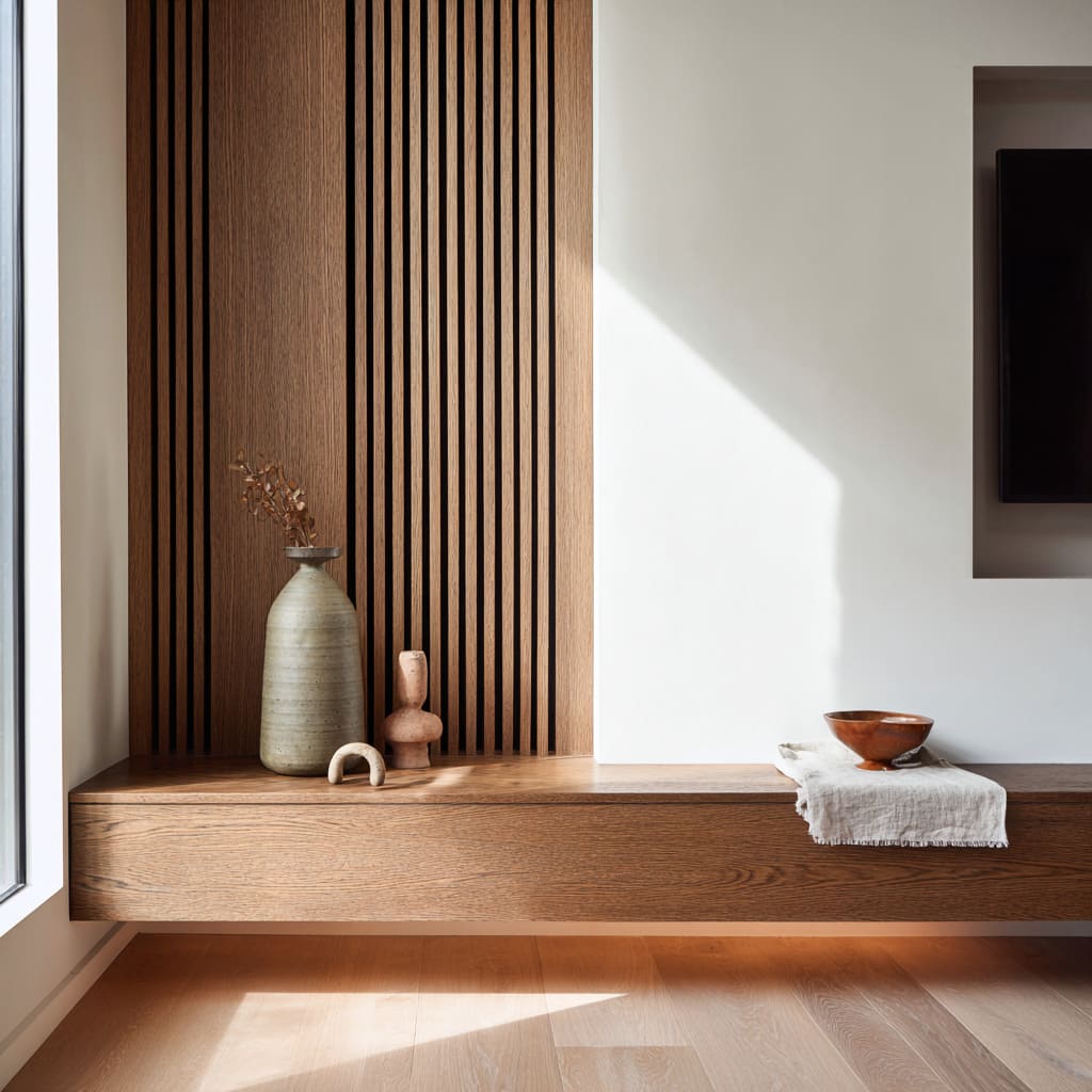 Vertical oak slats meeting plaster wall, long low bench, cluster of sculptural pieces, and single copper bowl Vertical oak slats meeting plaster wall, long low bench, cluster of sculptural pieces, and single copper bowl