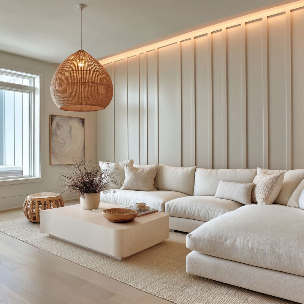 Vertical ribbed wall concept in soft neutral tones with a hidden ceiling glow, cloud-like sectional sofa Vertical ribbed wall concept in soft neutral tones with a hidden ceiling glow, cloud-like sectional sofa