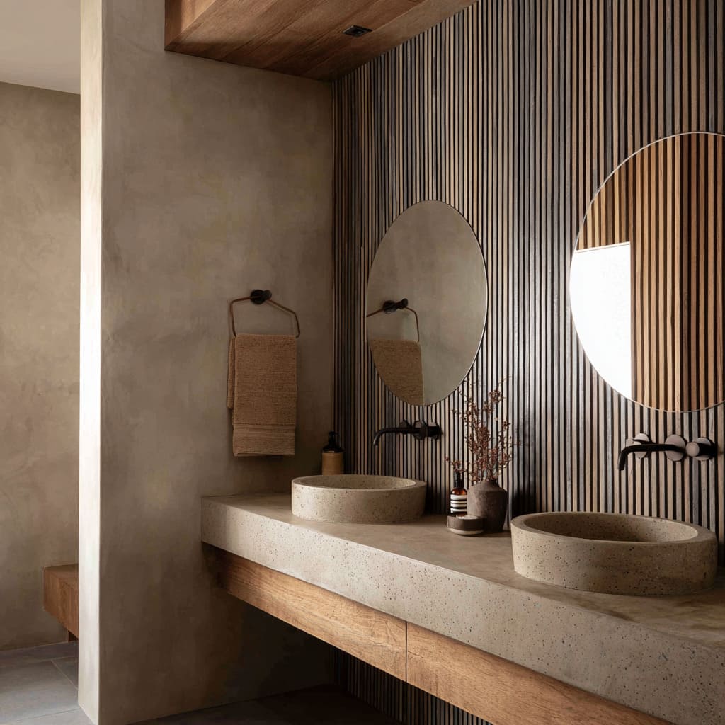 Vertical striped tile backsplash design forming a niche with round mirrors, pale stone basins, plaster walls