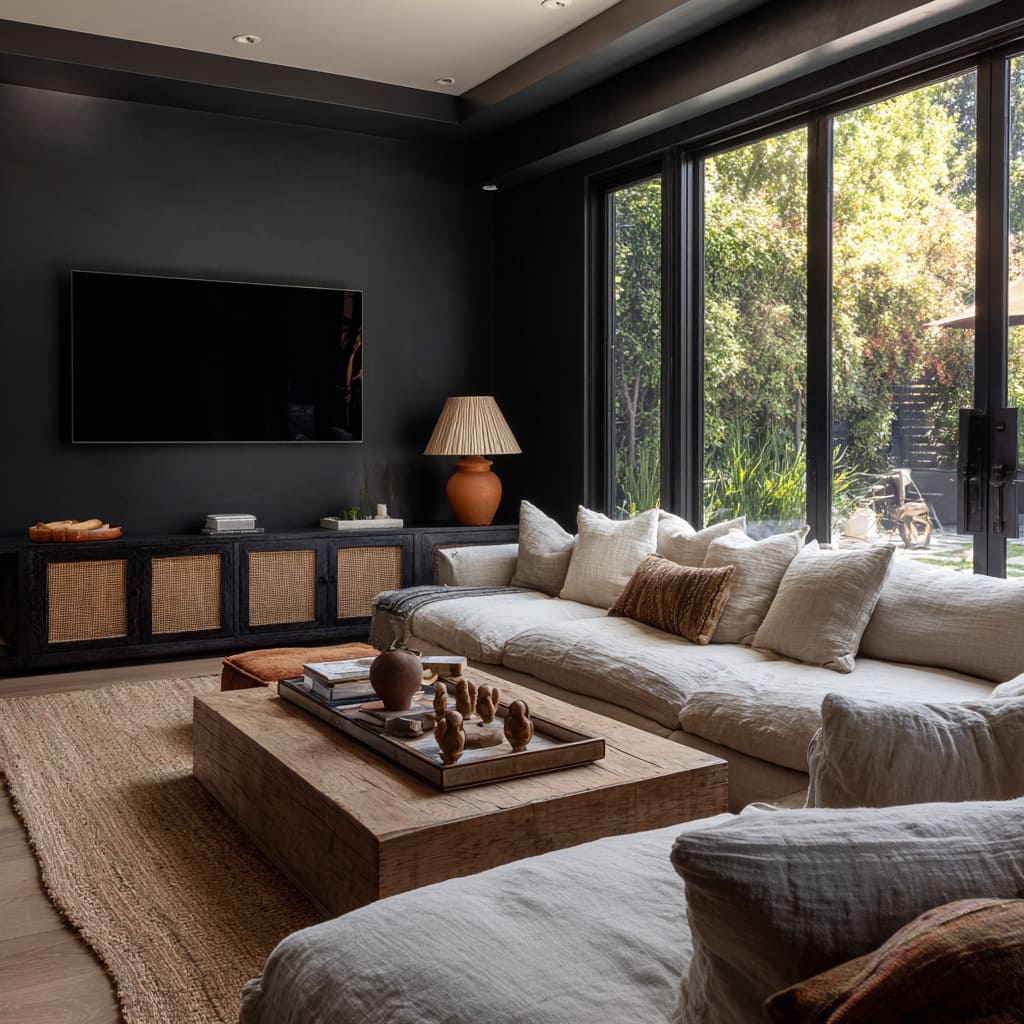 Very Deep Charcoal Walls, White Linen Sectional, Rustic Coffee Table, and Nature-Infused Boho Details Very Deep Charcoal Walls, White Linen Sectional, Rustic Coffee Table, and Nature-Infused Boho Details